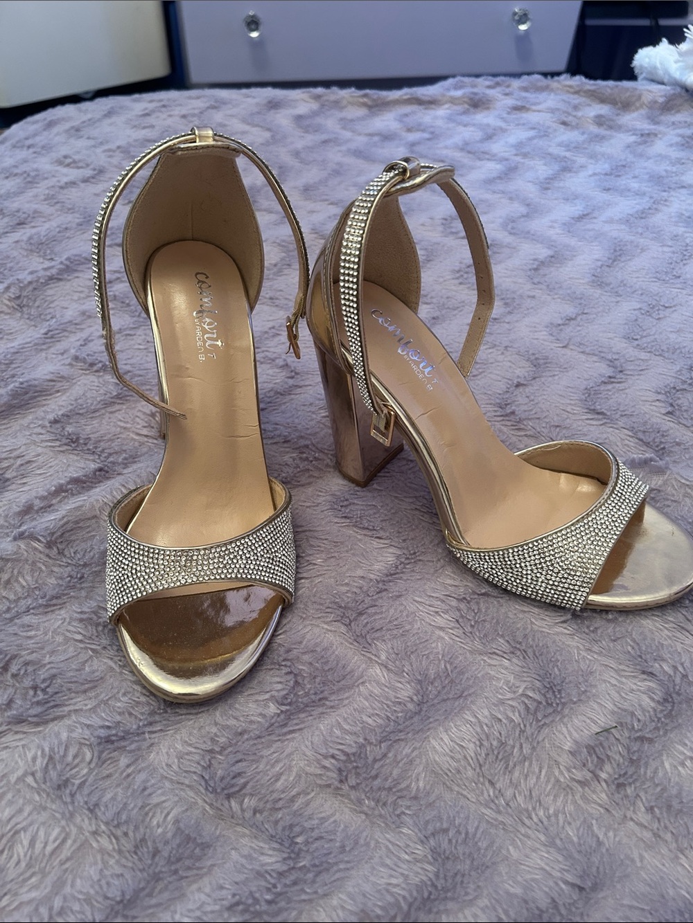 Gold Rhinestone Block Heel Sandals - Gold